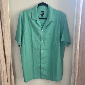 NWT GAP Camp Collar Linen-Blend Short-Sleeve Button-Down Shirt in Green, Size S